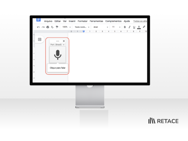 Interface do Documentos Google com ícone de microfone para iniciar o ditado.